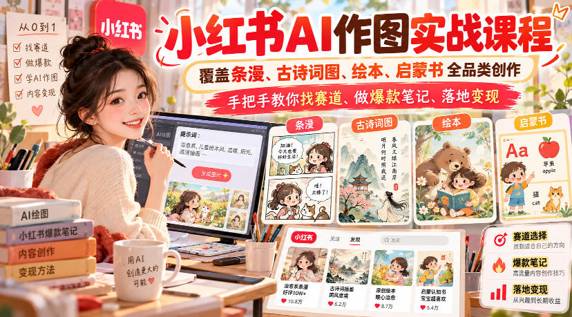 小红书AI作图实战课程，覆盖条漫、古诗词图、绘本、启蒙书全品类创作，手把手教你找赛道、做爆款笔记、落地变现-超级会员网
