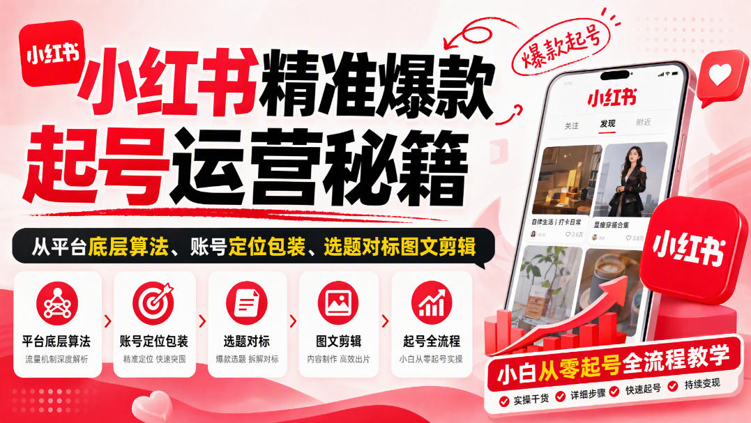 小红书精准爆款起号运营秘籍，从平台底层算法、账号定位包装、选题对标图文剪辑，小白从零起号全流程-超级会员网
