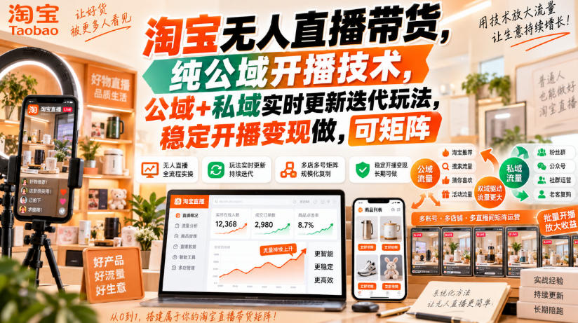 淘宝无人直播带货，纯公域开播技术，公域+私域实时更新迭代玩法，稳定开播变现做，可矩阵【揭秘】-超级会员网