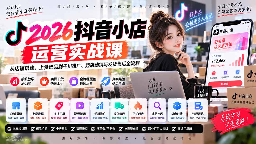 2026抖音小店运营实战课｜从店铺搭建、上货选品到千川推广、起店动销与发货售后全流程-超级会员网