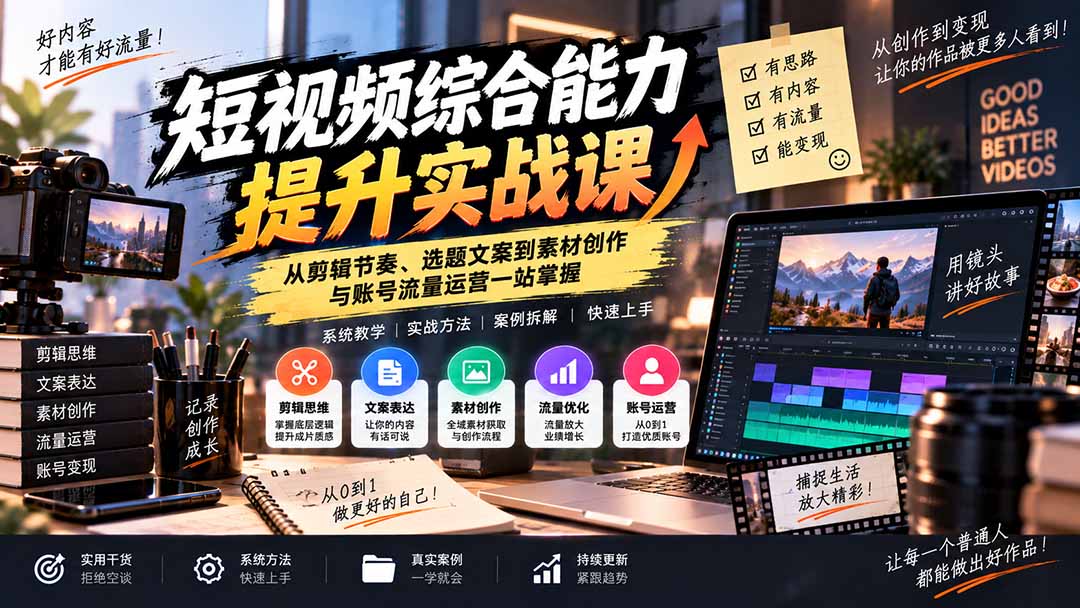 短视频综合能力提升实战课：从剪辑节奏、选题文案到素材创作与账号流量运营一站掌握-超级会员网