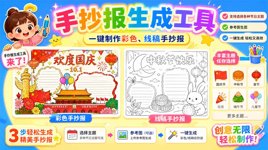 手抄报批量生成工具来了，完全免费，告别豆包生图，这个高清无水印-超级会员网