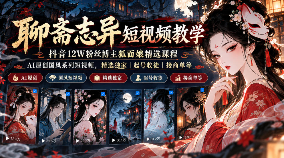 聊斋志异短视频教学，抖音12W粉丝博主狐面娘精选课程，AI原创国风系列短视频，精选独家丨起号收徒丨接商单等-超级会员网