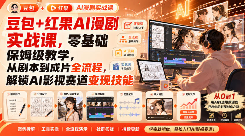 豆包+红果AI漫剧实战课，零基础保姆级教学，从剧本到成片全流程，解锁AI影视赛道变现技能-超级会员网