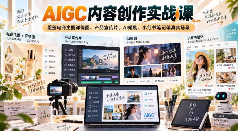 AIGC内容创作实战课，覆盖电商主图详情图、产品宣传片、AI短剧、小红书笔记等真实场景-超级会员网