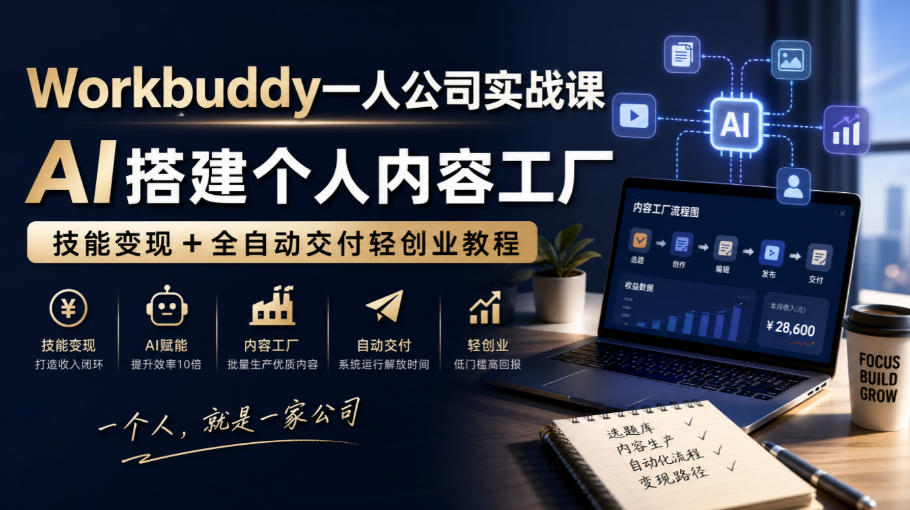 Workbuddy一人公司实战课，AI搭建个人内容工厂，技能变现+全自动交付轻创业教程​-超级会员网