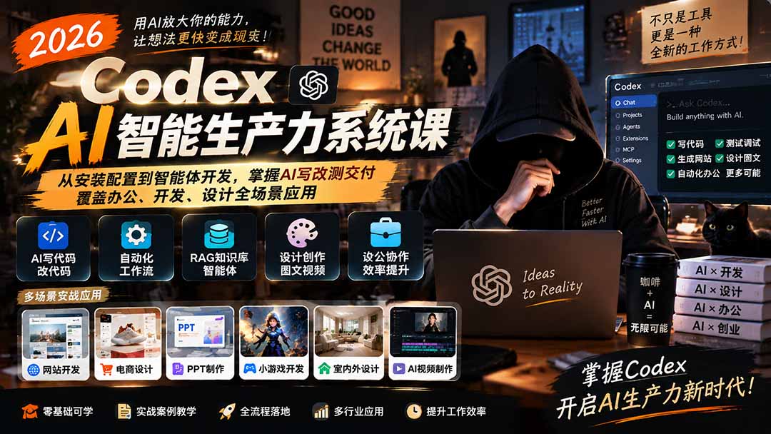 2026 Codex AI智能生产力系统课-更新｜从安装配置到智能体开发，掌握AI写改测交付，覆盖办公、开发、设计全场景应用-超级会员网