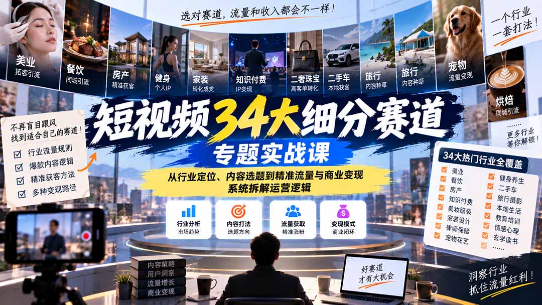 短视频34大细分赛道专题实战课：从行业定位、内容选题到精准流量与商业变现，系统拆解运营逻辑-超级会员网