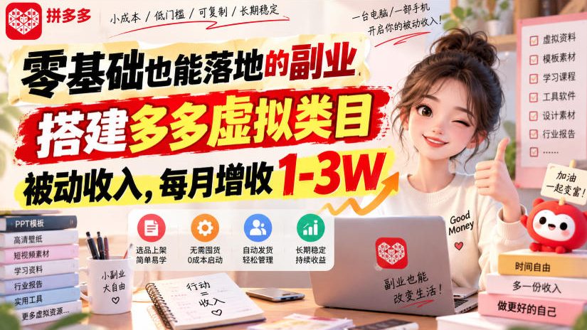 零基础也能落地的副业，搭建多多虚拟类目被动收入，每月增收1-3W【揭秘】-超级会员网