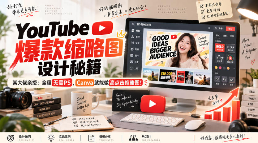 YouTube爆款缩略图设计秘籍，某油管大佬(610万订阅者)亲授，全程无需PS，Canva就能做高点击缩略图！【原创双语字幕】-超级会员网