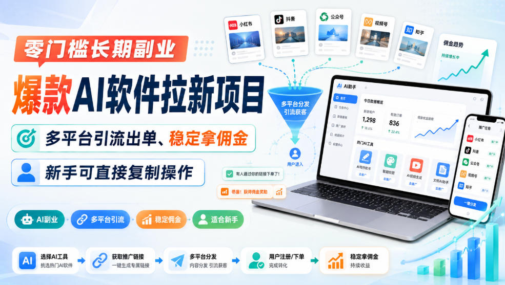 零门槛长期副业，爆款AI软件拉新项目，多平台引流出单、稳定拿佣金，新手可直接复制操作-超级会员网