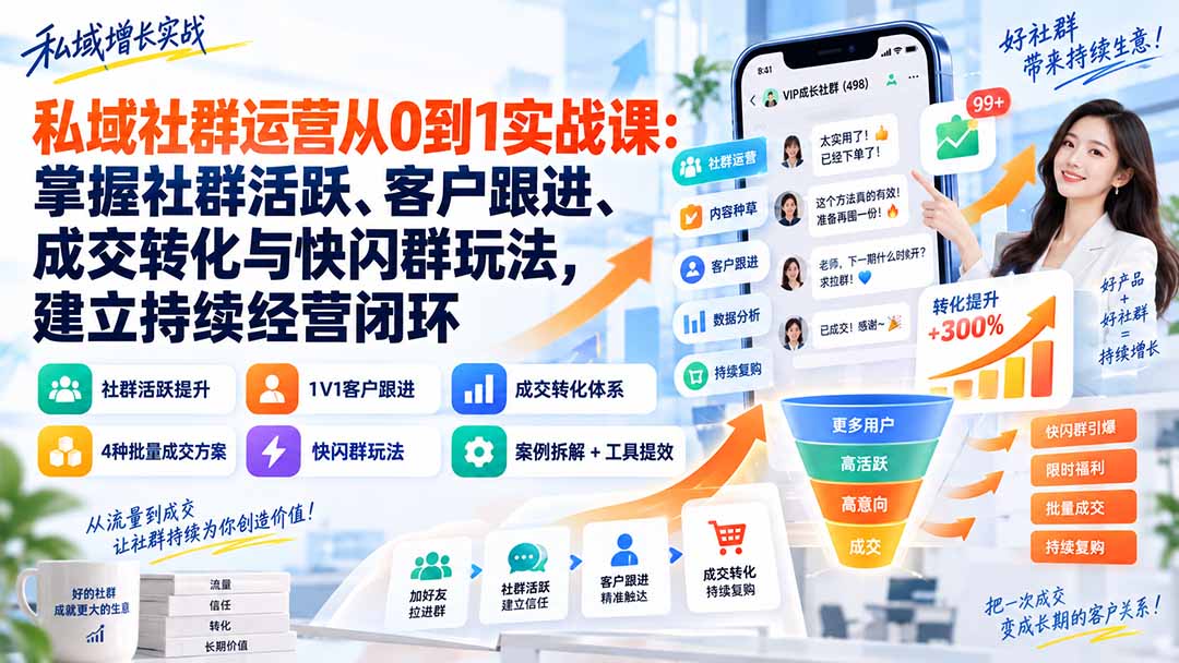 私域社群运营从0到1实战课：掌握社群活跃、客户跟进、成交转化与快闪群玩法，建立持续经营闭环-超级会员网