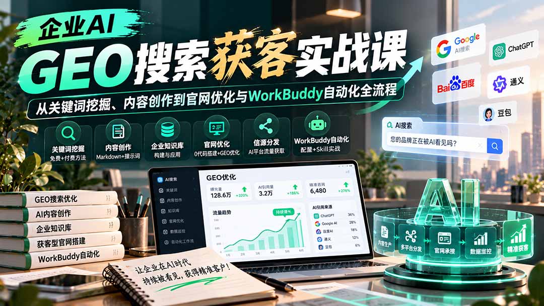 企业AI GEO搜索获客实战课：从关键词挖掘、内容创作到官网优化与WorkBuddy自动化全流程-超级会员网