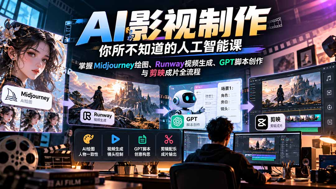 【无水印】AI影视制作-你所不知道的人工智能课，掌握Midjourney绘图、Runway视频生成、GPT脚本创作与剪映成片全流程-超级会员网