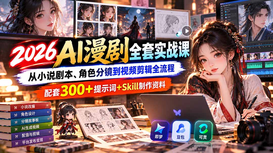 【无水印】2026AI漫剧全套实战课：从小说剧本、角色分镜到视频剪辑全流程，配套300+提示词+Skill制作资料-超级会员网