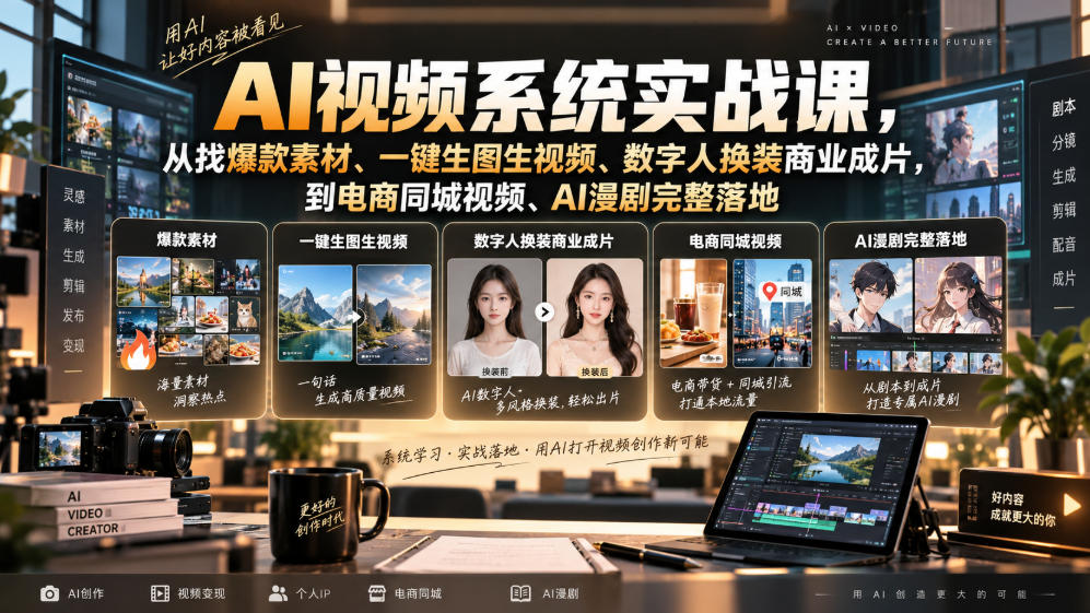 AI视频系统实战课，从找爆款素材、一键生图生视频、数字人换装商业成片，到电商同城视频、AI漫剧完整落地-超级会员网