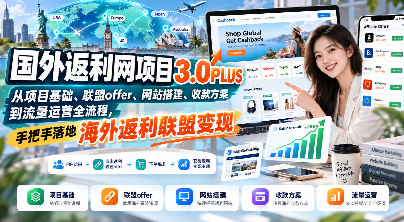 国外返利网项目3.0PLUS，从项目基础、联盟offer、网站搭建、收款方案到流量运营全流程，手把手落地海外返利联盟变现-超级会员网