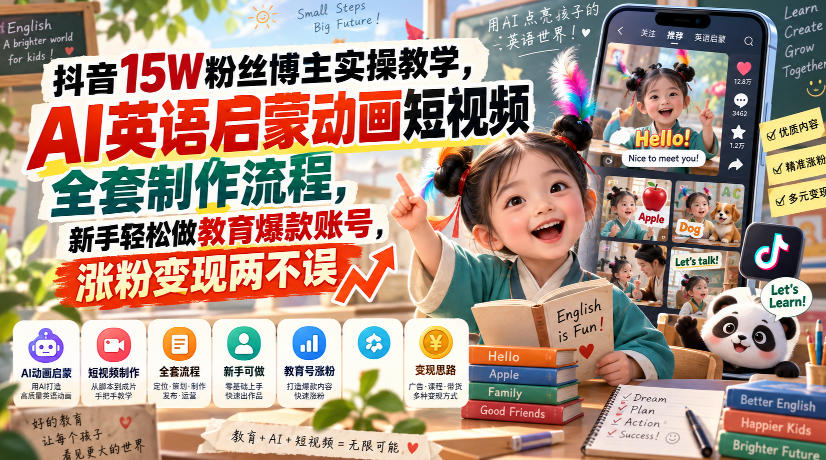 抖音15W粉丝博主实操教学，AI英语启蒙动画短视频全套制作流程，新手轻松做教育爆款账号，涨粉变现两不误-超级会员网