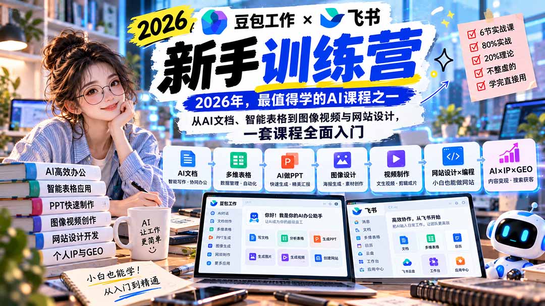 2026豆包工作+飞书新手训练营-9月新课：从AI文档、智能表格到图像视频与网站设计，一套课程全面入门-超级会员网