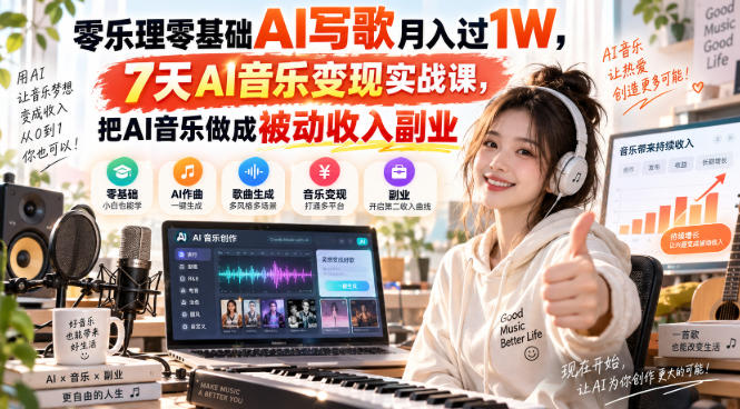 零乐理零基础AI写歌月入过1W，7天AI音乐变现实战课，把AI音乐做成被动收入副业-超级会员网