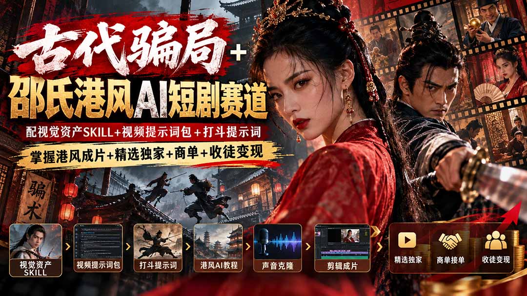 古代骗局+邵氏港风AI短剧赛道：配视觉资产SKILL+视频提示词包+打斗提示词，掌握港风成片+精选独家+商单+收徒变现-超级会员网