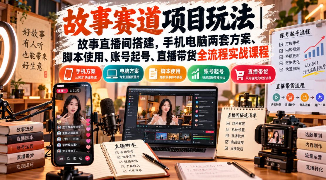 故事赛道项目玩法｜故事直播间搭建，手机电脑两套方案、脚本使用、账号起号、直播带货全流程实战课程-超级会员网