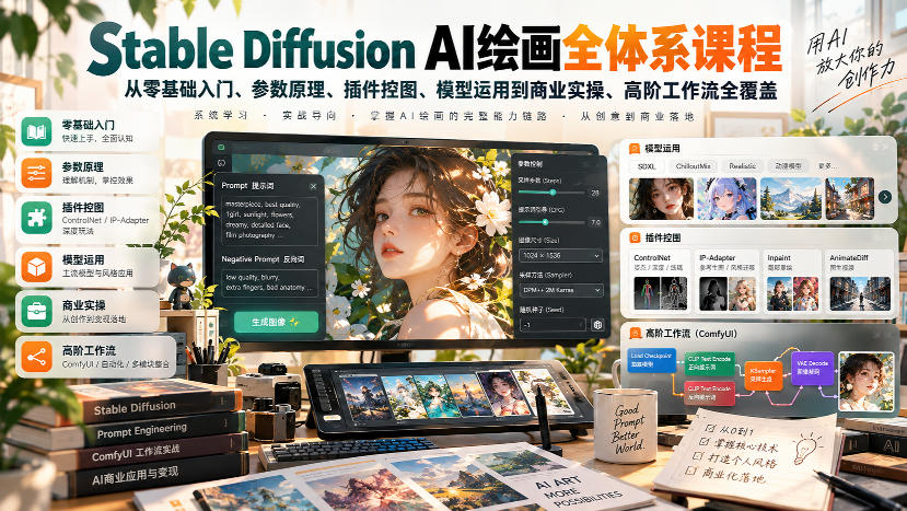 【无水印】Stable Diffusion AI绘画全体系课程，从零基础入门、参数原理、插件控图、模型运用到商业实操、高阶工作流全覆盖-超级会员网