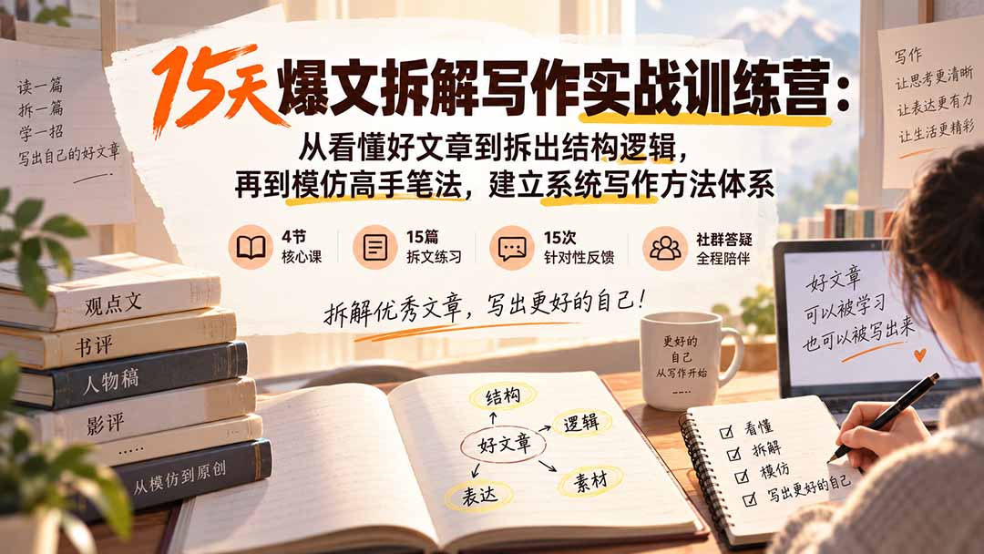 15天爆文拆解写作实战训练营：从看懂好文章到拆出结构逻辑，再到模仿高手笔法，建立系统写作方法体系-超级会员网