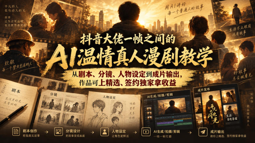 抖音大佬一帧之间的AI温情真人漫剧教学，从剧本、分镜、人物设定到成片输出，作品可上精选、签约独家拿收益-超级会员网