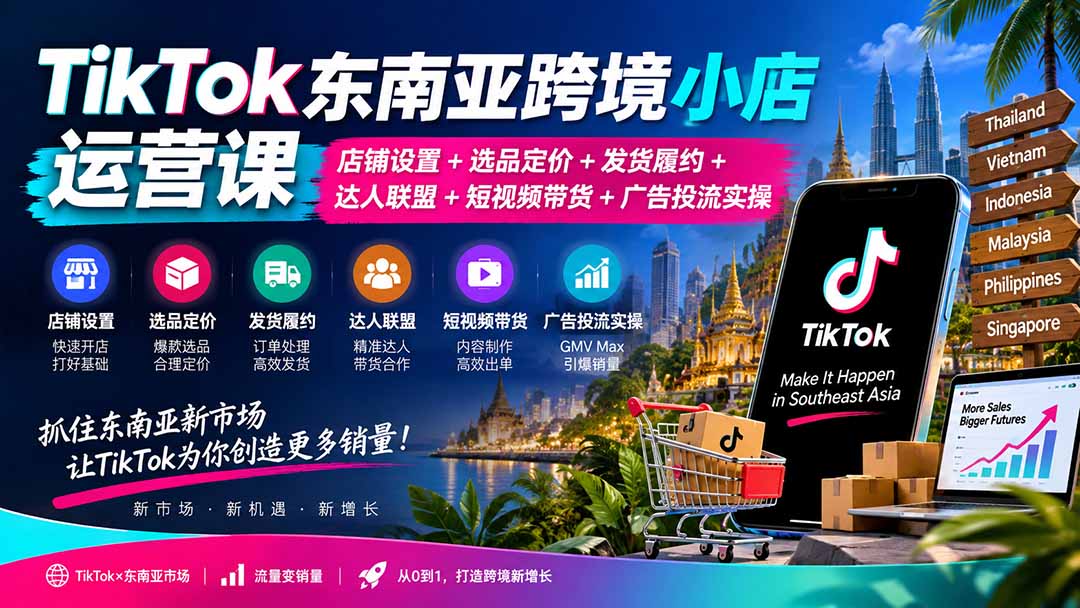 TikTok东南亚跨境小店运营课：店铺设置+选品定价+发货履约+达人联盟+短视频带货+广告投流实操-超级会员网