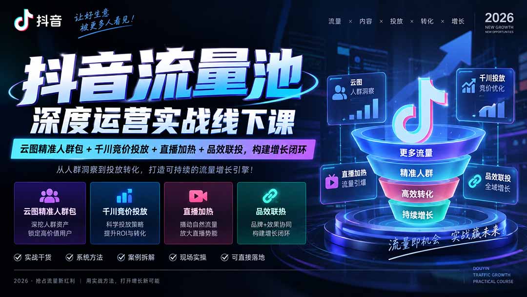 抖音流量池深度运营实战线下课｜云图精准人群包+千川竞价投放+直播加热+品效联投，构建增长闭环-超级会员网