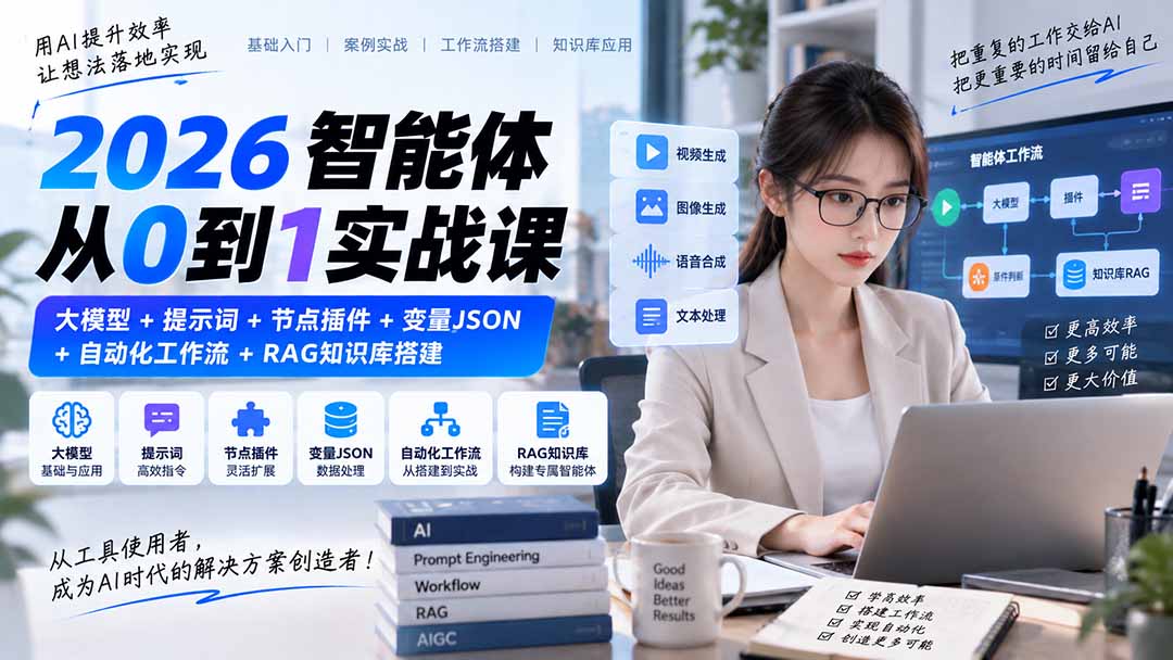 2026智能体从0到1实战课｜大模型+提示词+节点插件+变量JSON+自动化工作流+RAG知识库搭建-超级会员网
