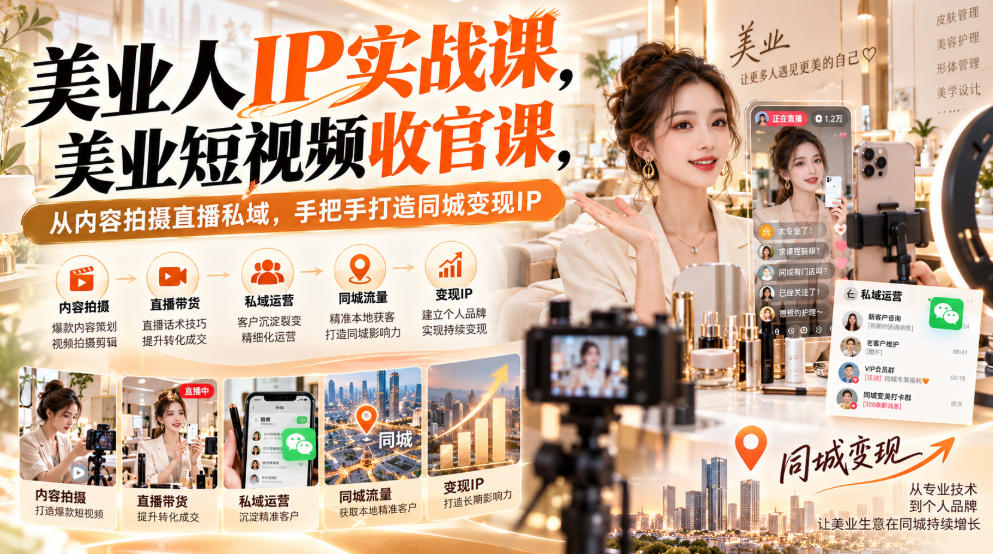 【无水印】美业人IP实战课，美业短视频收官课，从内容拍摄直播私域，手把手打造同城变现IP-超级会员网