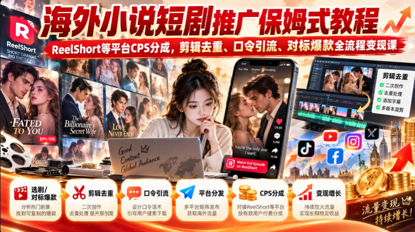 海外小说短剧推广保姆式教程｜ReelShort等平台CPS分成，剪辑去重、口令引流、对标爆款全流程变现课-超级会员网