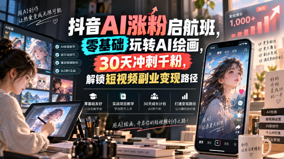 抖音AI涨粉启航班，零基础玩转AI绘画，30天冲刺千粉，解锁短视频副业变现路径-超级会员网