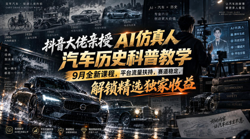 抖音大佬亲授AI仿真人汽车历史科普教学，9月全新课程，平台流量扶持，赛道稳定，解锁精选独家收益-超级会员网