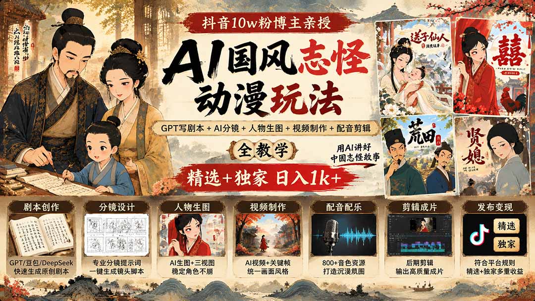抖音10w粉博主亲授AI国风志怪动漫玩法｜GPT写剧本+AI分镜+人物生图+视频制作+配音剪辑全教学｜精选+独家日入1k+-超级会员网