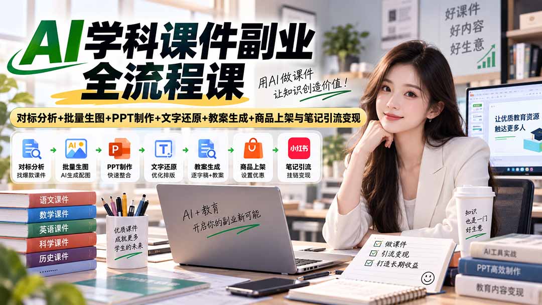 AI学科课件副业全流程课｜对标分析+批量生图+PPT制作+文字还原+教案生成+商品上架与笔记引流变现-超级会员网