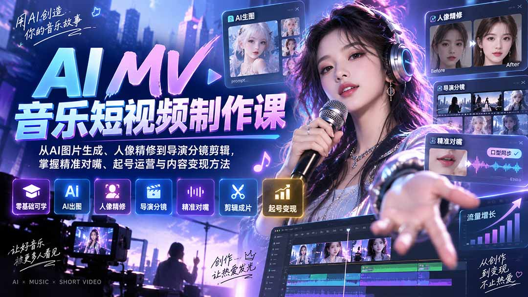 AI MV音乐短视频制作课：从AI图片生成、人像精修到导演分镜剪辑，掌握精准对嘴、起号运营与内容变现方法-超级会员网