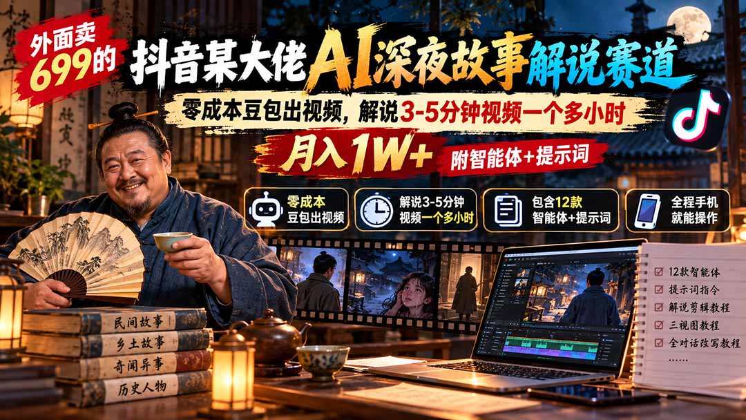 外面卖699的抖音某大佬AI深夜故事解说赛道：零成本豆包出视频，解说3-5分钟视频一个多小时，月入1W+附智能体+提示词-超级会员网