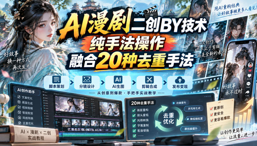 AI漫剧二创搬运技术，纯手法操作，融合20种去重手法-超级会员网