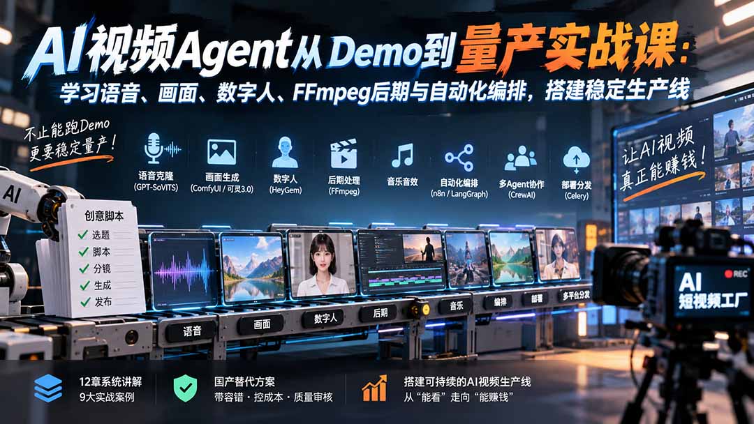 AI视频Agent从Demo到量产实战课：学习语音、画面、数字人、FFmpeg后期与自动化编排，搭建稳定生产线-超级会员网