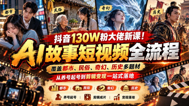 抖音130W粉大佬新课！AI故事短视频全流程，覆盖都市、民俗、奇幻、历史多题材，从养号起号到剪辑变现一站式落地-超级会员网