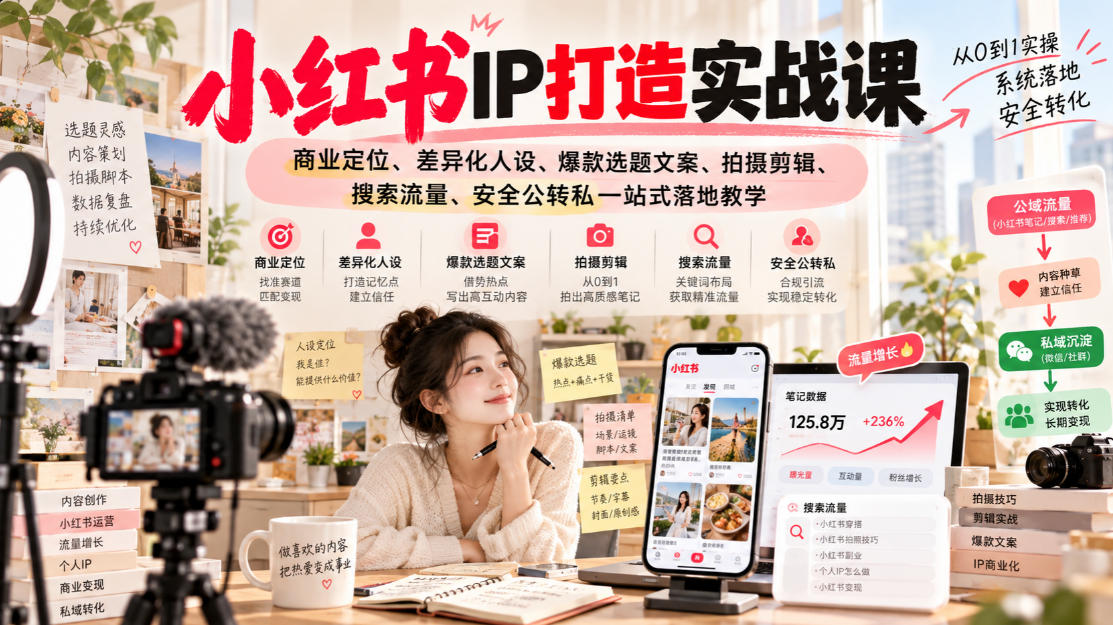 小红书ip打造实战课，商业定位、差异化人设、爆款选题文案、拍摄剪辑、搜索流量、安全公转私一站式落地教学-超级会员网