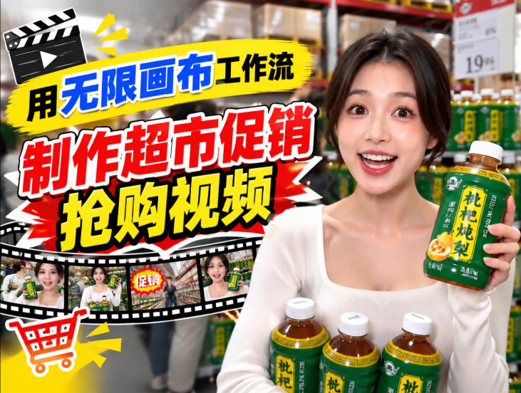 无限画布超市促销抢购视频工作流，一键产出TikTok抖音带货短视频-超级会员网