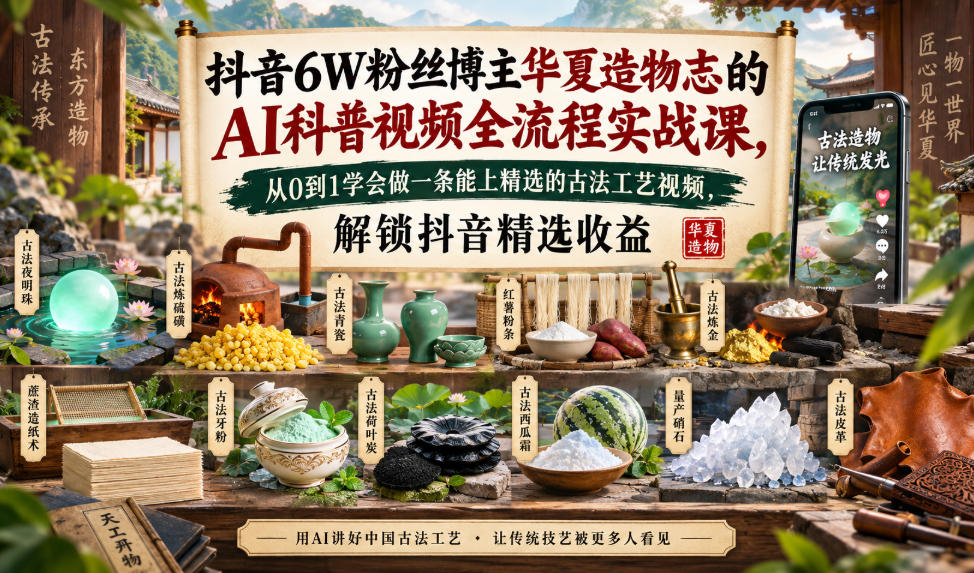 抖音6W粉丝博主华夏造物志的AI科普视频全流程实战课，从0到1学会做一条能上精选的古法工艺视频，解锁抖音精选收益-超级会员网