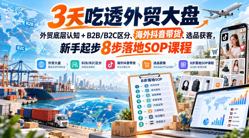 3天吃透外贸大盘，外贸底层认知+B2B/B2C区分、海外抖音带货、选品获客，新手起步8步落地SOP课程-超级会员网