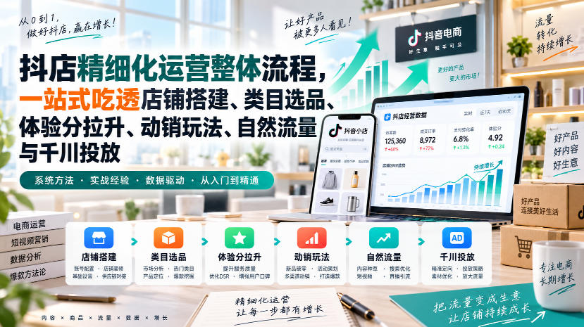 李哥电商-抖店精细化运营整体流程，一站式吃透店铺搭建、类目选品、体验分拉升、动销玩法、自然流量与千川投放-超级会员网