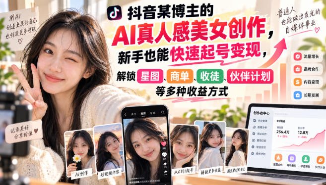 抖音某博主的AI真人感美女创作，新手也能快速起号变现，解锁星图，商单，收徒，伙伴计划等多种收益方式-超级会员网