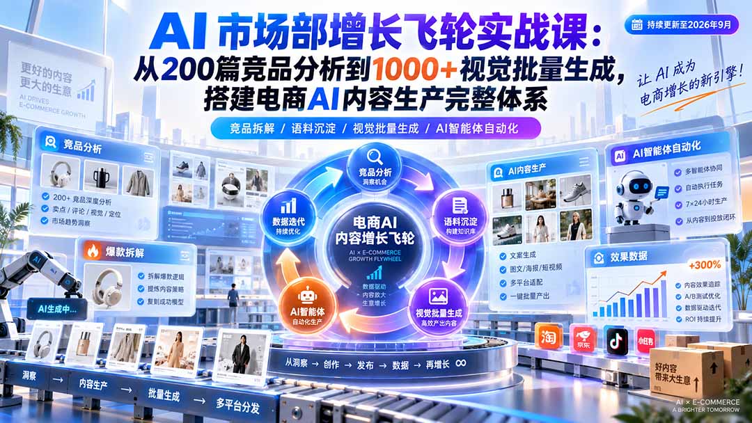 AI 市场部增长飞轮实战课：从200篇竞品分析到1000+视觉批量生成，搭建电商AI内容生产完整体系-超级会员网